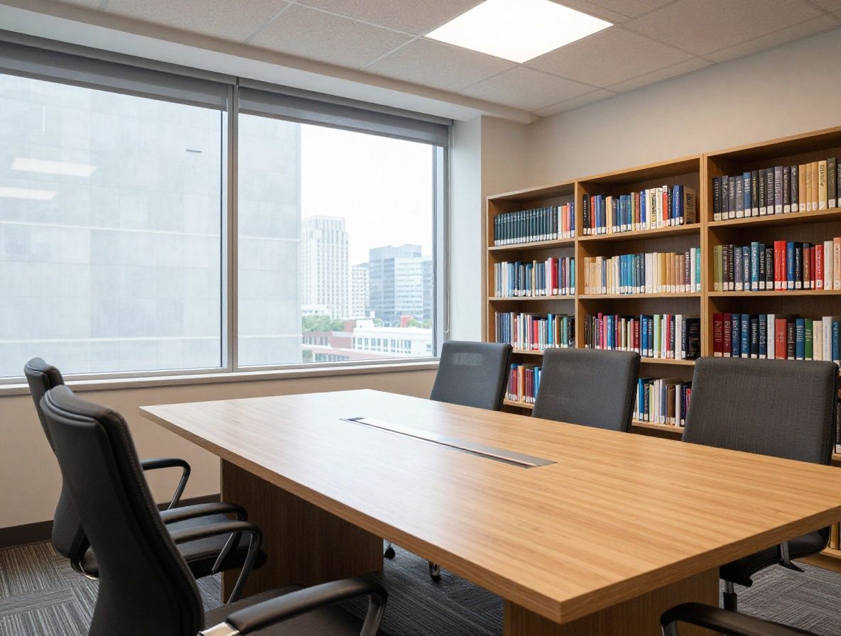 Светлая редакционная комната с длинным столом для совещаний, большими окнами и книжными полками в чикагском офисе